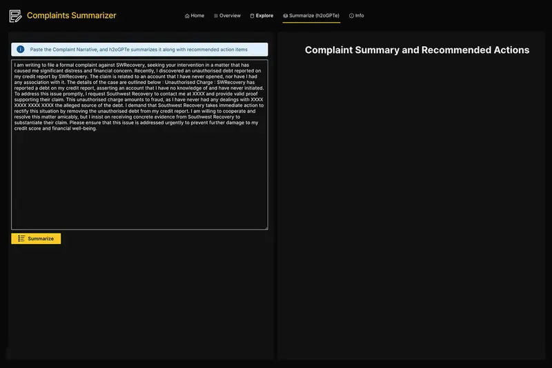 Complaint Summarizer: summary and recommendations
