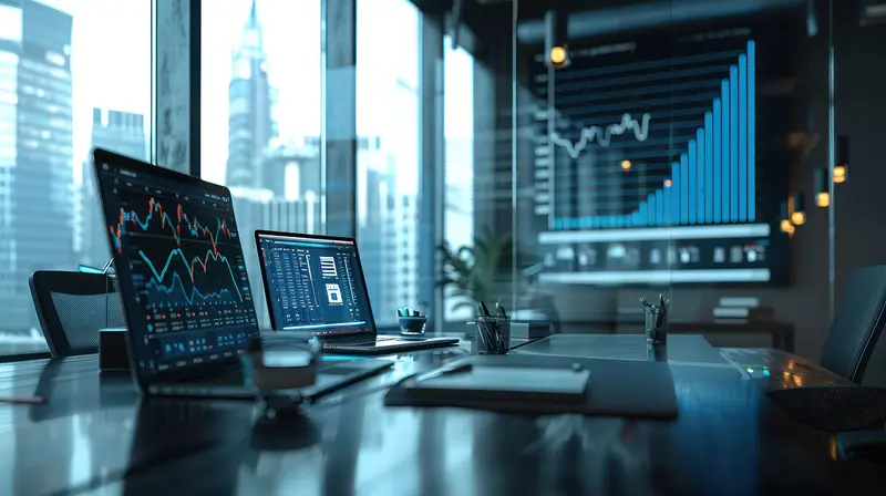 Analytics screens on a desk in a high-rise office