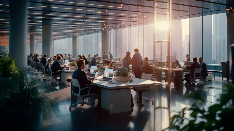 A bright office floor with teams at work