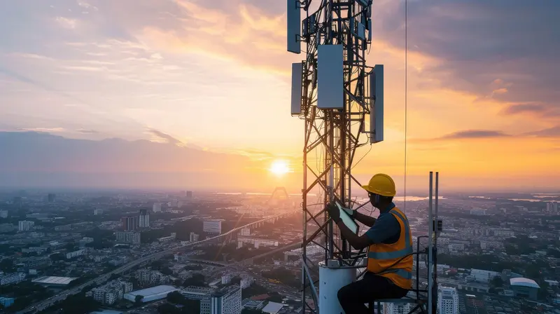 A technician working on a telecom tower