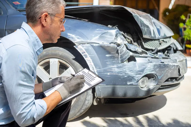 A claims adjuster inspecting a damaged car