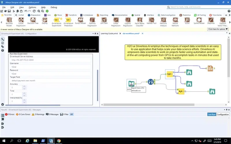 Alteryx Designer workflow using the Driverless AI Experiment and Prediction tools, with the experiment configuration panel open