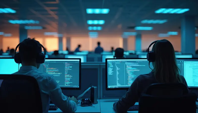 A network operations floor, people at screens