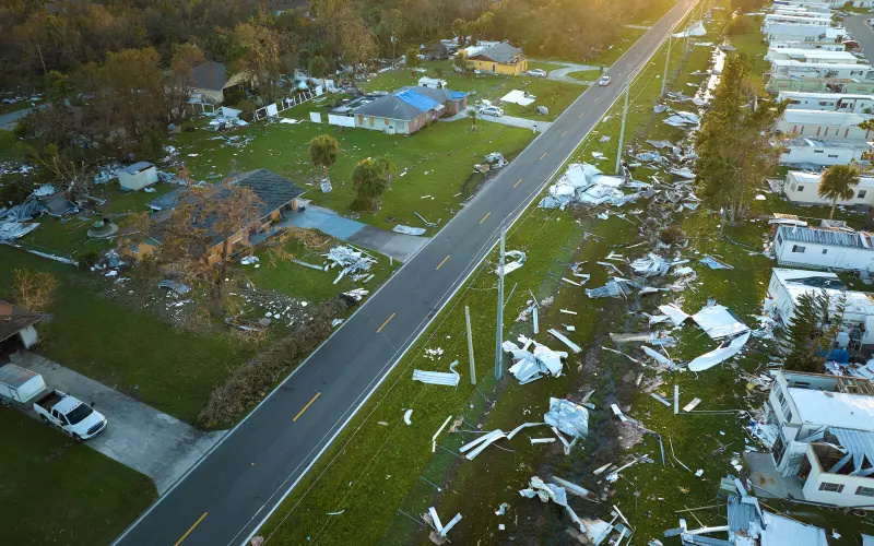 Aerial view of a neighborhood after a hurricane