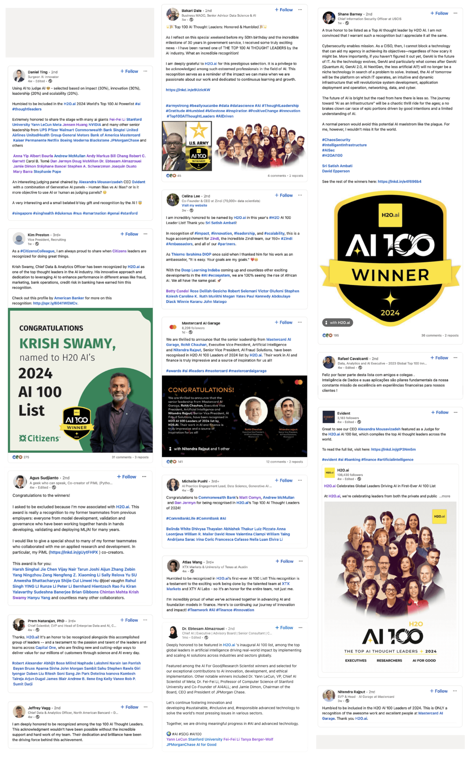 LinkedIn posts from 2024 H2O AI 100 honorees