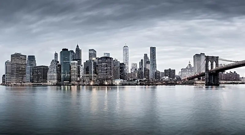 A city skyline in muted light