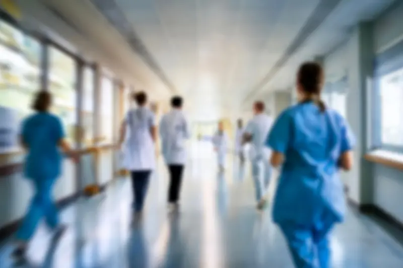 Hospital staff at work in a corridor