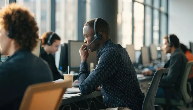 An agent at a desk in a busy service centre