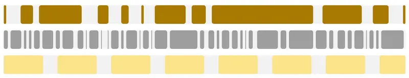 Three horizontal strips of colored visible bars, in gold, gray and light yellow, on a light gray background that marks hidden values. Strip 1: visible blocks of irregular length separated by short gaps. Strip 2: many narrow visible bars separated by scattered thin gaps. Strip 3: equal visible blocks separated by evenly spaced gaps.