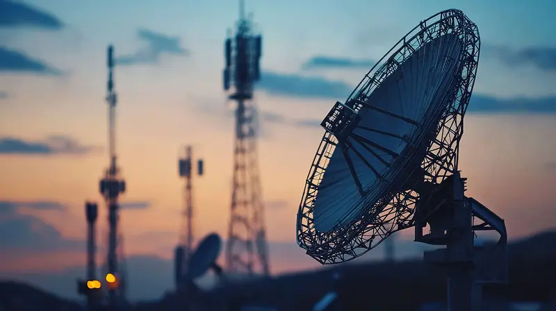 Telecom towers and a dish at dusk